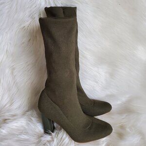 Steve Maddden Olive Pull On Mid-Calf Stretch Fabric Block Heel Boots SZ 8